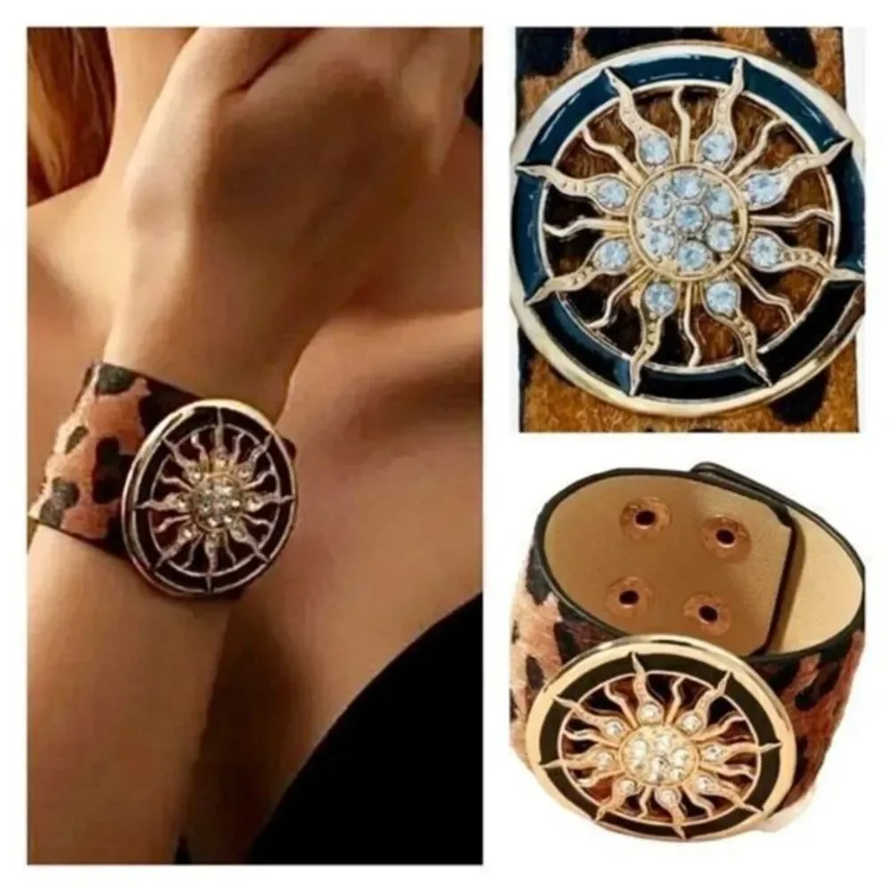 Chic Leopard Print Fur Cuff Bracelet Rhinestone Sun Medallion Boho Gold Jewelry - Picture 1 of 9
